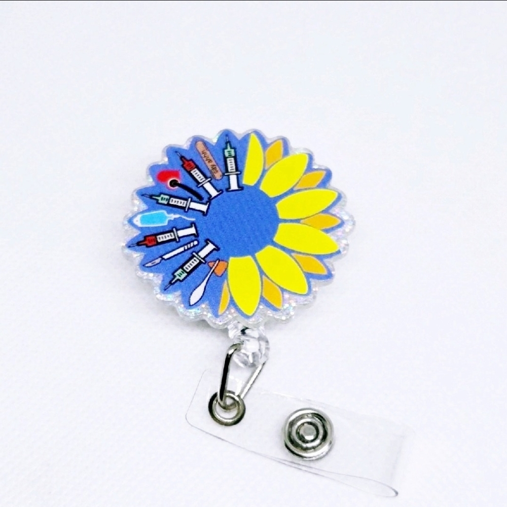 Sunflower Badge Reel with Blue and Yellow Design For Medical Staff